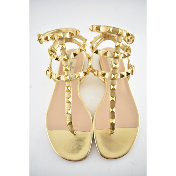 Valentino Rockstud KM5 Gold Leather Triple Ankle Strap Gladiator Flat Sandal 36 - Picture 6 of 10